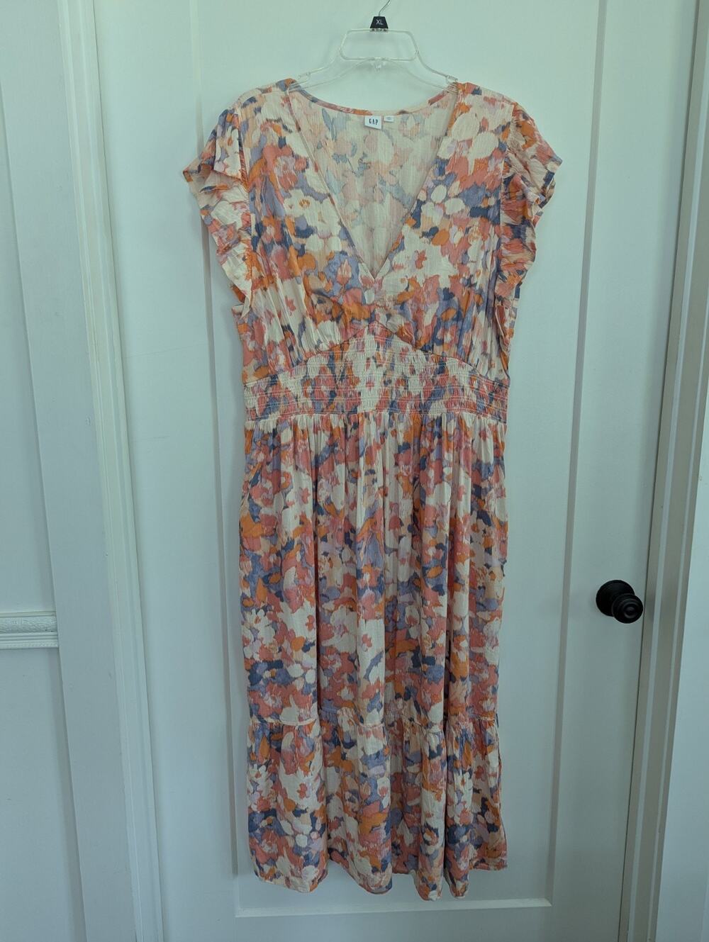 Gap Womens XXL Dress Maxi Flutter Sleeve Peach Blue Multi Smocked Tier...